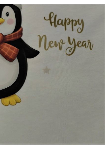 Yılbaşı Temalı Penguen Baskılı Pamuklu Unisex Kısa Kollu Çocuk Eşofman Takımı