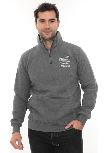 Erkek Gri Standart Fit Normal Kesim Içi Polarlı Yarım Fermuarlı Dik Bato Yaka Pamuklu Sweatshirt