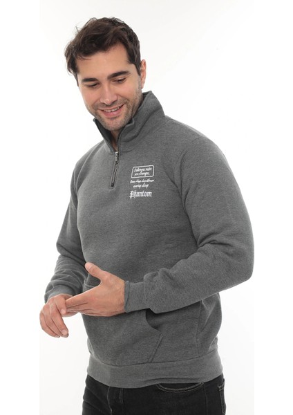 Erkek Gri Standart Fit Normal Kesim Içi Polarlı Yarım Fermuarlı Dik Bato Yaka Pamuklu Sweatshirt fiyatları