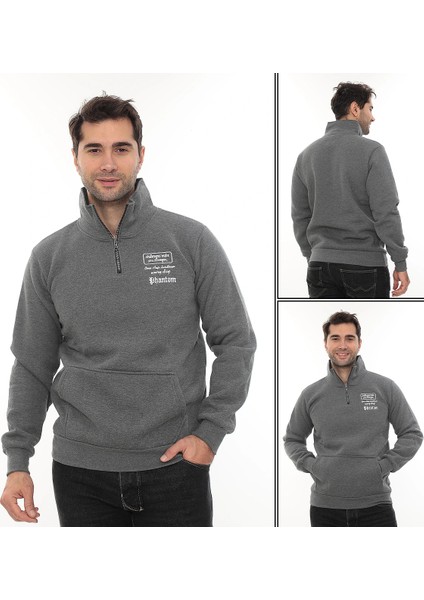 Erkek Gri Standart Fit Normal Kesim Içi Polarlı Yarım Fermuarlı Dik Bato Yaka Pamuklu Sweatshirt modelleri