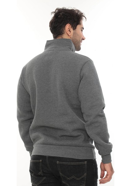 Erkek Gri Standart Fit Normal Kesim Içi Polarlı Yarım Fermuarlı Dik Bato Yaka Pamuklu Sweatshirt fırsatları