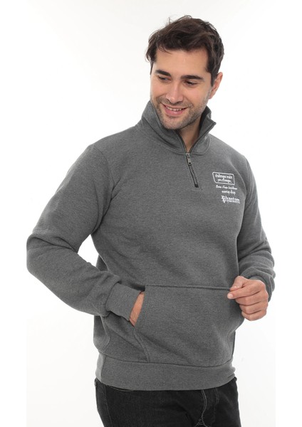 Erkek Gri Standart Fit Normal Kesim Içi Polarlı Yarım Fermuarlı Dik Bato Yaka Pamuklu Sweatshirt indirimleri