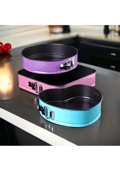 3'lü Renkli Kelepçeli Kek Kalıbı Seti, Bordo, Pembe ve Turkuaz