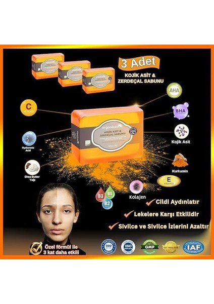 Organicsun Kojik Asit & Zerdeçal Sabunu 3 Adet x 140 gr Leke ve Sivilce Karşıtı Kojic Acid - Kolajen - Aha Bha - C Vitamini - Hyaluronic Acid - Shea Butter Yağı Içerikli Aydınlatıcı Sabun fiyatları