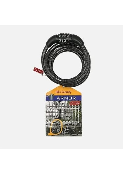 Şifreli 120 cm x 8 mm Kablo - Sabit 3 Basamaklı - Siyah Bisiklet Kilit