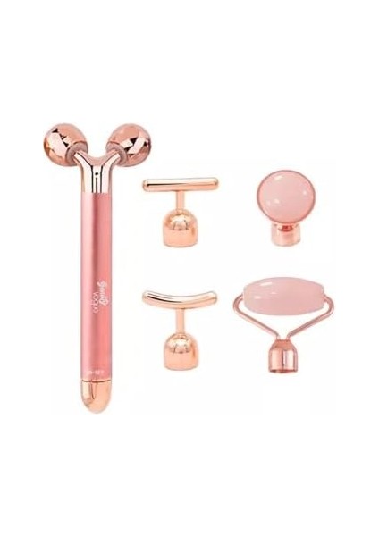 Beauty Vogue 3D Yüz Masaj Silindiri, 5 Başlıklı, Rose Quartz Titreşimli Cilt Bakım Cihazı, Profesyonel modelleri