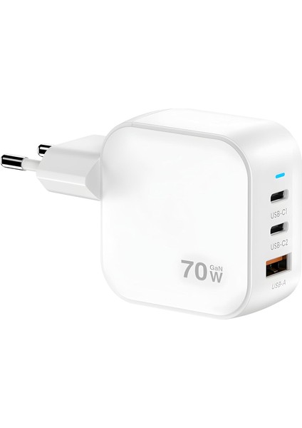 70W Hızlı Şarj Adaptörü, 3 Port (2x Usb-C + Usb-A), Akıllı Çip Korumalı, Uyumlu