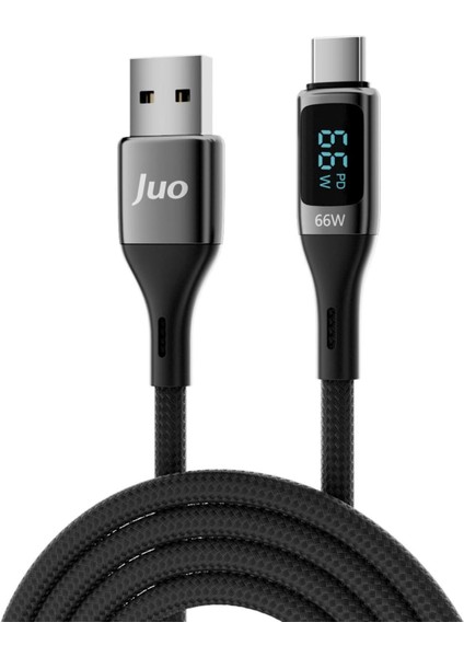 Juo 66W Dijital LED Ekranlı Örgülü Usb-A To USB Type-C Hızlı Şarj ve Data Kablosu 2 Metre