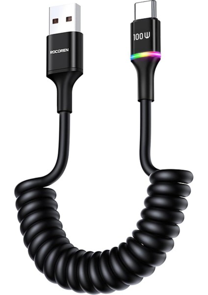 100W 7A Spiral Rgb LED Işıklı Spiral Type-C Hızlı Şarj ve Data Kablosu 1.6 Metre