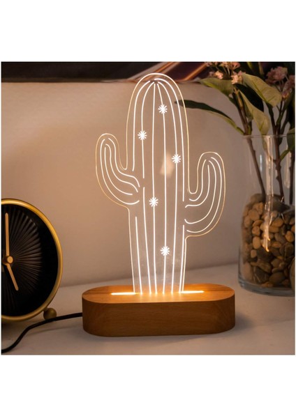 Kaktüsü Tasarımlı 3D LED Lamba USB Bağlantılı Sarı Işık