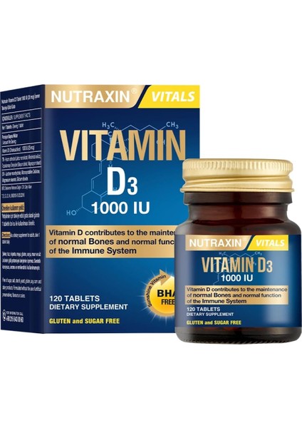 Nutraxin Vitals D3 Vitamin 1000 Iu 25 Mcg 120 Tablet Takviye Edici Gıda