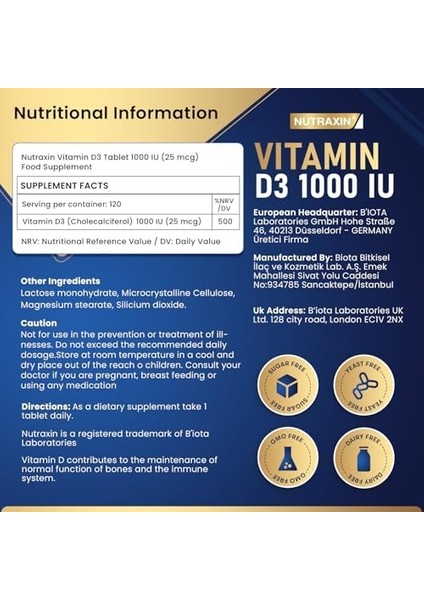 Nutraxin Vitals D3 Vitamin 1000 Iu 25 Mcg 120 Tablet Takviye Edici Gıda fiyatları