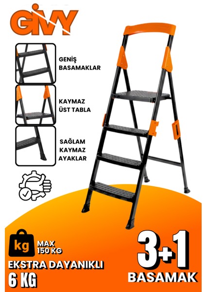 Primo 3+1 Basamaklı Katlanır Merdiven | Ev Tipi Kaymaz Plastik Geniş Basamaklı 3+1 Merdiven