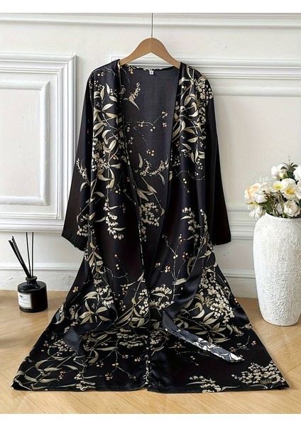 Zarif Çiçek Desenli Saten Bornozu Tüm Mevsimler Için Uygun Uyku Giyimi Sabahlık/gecelik indirimleri