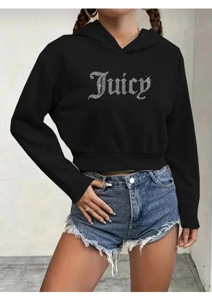 Kadın Relaxed Fit Juicy Kristal Taş Baskılı Crop Hoodie Sweatshirt Siyah