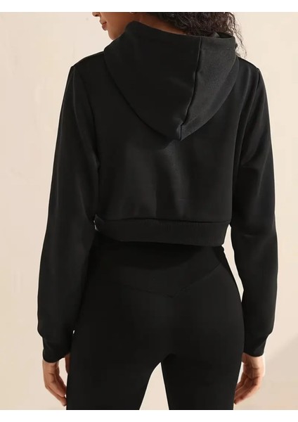 Kadın Relaxed Fit Juicy Kristal Taş Baskılı Crop Hoodie Sweatshirt Siyah fiyatları