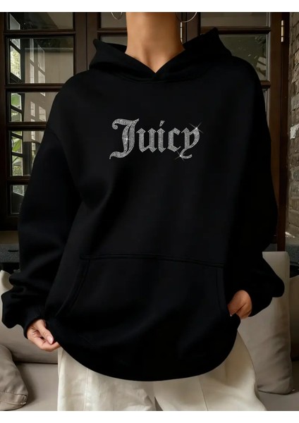 Kadın Oversize Juicy Kristal Taş Baskılı Hoodie Kalın Sweatshirt