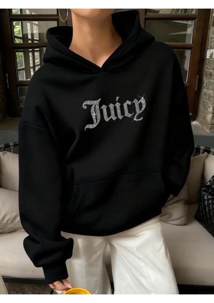 Kadın Oversize Juicy Kristal Taş Baskılı Hoodie Kalın Sweatshirt fiyatları
