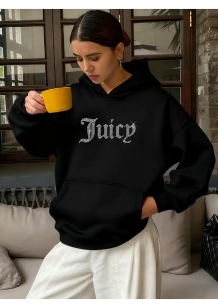 Kadın Oversize Juicy Kristal Taş Baskılı Hoodie Kalın Sweatshirt modelleri