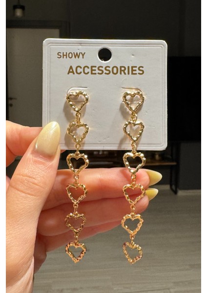 Kadın Gold Uzun Sallantılı Kalp Küpe