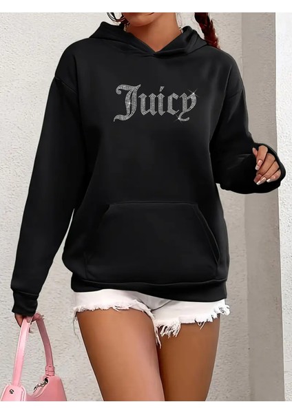 Kadın Oversize Juicy Kristal Taş Baskılı Hoodie Kalın Kumaş Hoodie Sweatshirt fiyatları