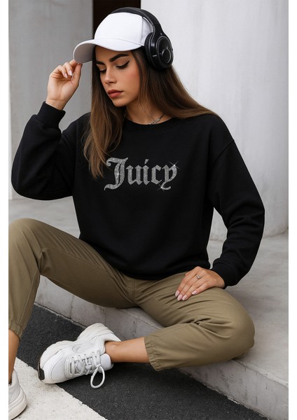 Kadın Bisiklet Yaka Juicy Kristal Taş Baskılı Basic Hoodie Sweatshirt