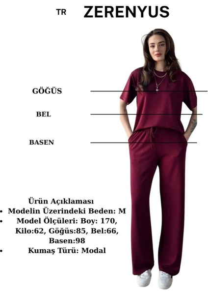 Kadın Modal Oys Kumaş Kısakol Eşofman Alt Üst Takım Bordo Beyaz