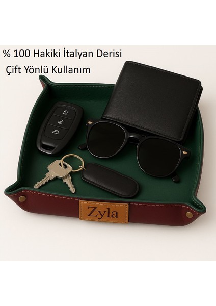 %100 Gerçek Italyan Derisi Masa Organizer Iç ve Dış Deri Tabak 20X20 cm 1 Adet
