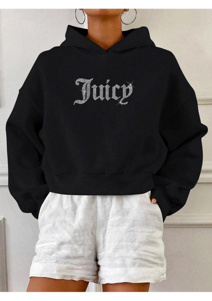 Relaxed Fit Taş Baskılı Juicy Crop Hoodie Sweatshirt Siyah