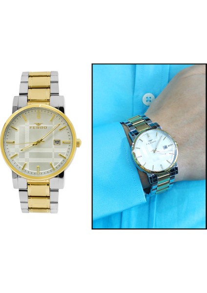 Ferro Altın Gümüş Renk Çelik Kordonlu Erkek Kol Saati TH-F11183A-D fiyatları