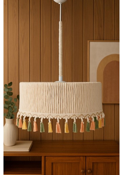 Silindir Ekru Makrome Ip Sargı Saçaklı Yatak Odası-Bebek -Çocuk-Genç Odası Tasarım Sarkıt Avize