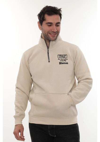 Erkek Bej Standart Fit Normal Kesim Içi Polarlı Yarım Fermuarlı Dik Bato Yaka Pamuklu Sweatshirt