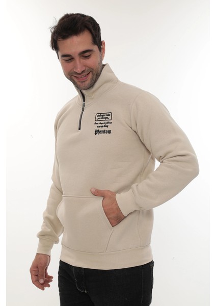 Erkek Bej Standart Fit Normal Kesim Içi Polarlı Yarım Fermuarlı Dik Bato Yaka Pamuklu Sweatshirt fiyatları