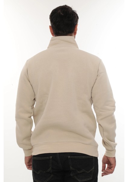 Erkek Bej Standart Fit Normal Kesim Içi Polarlı Yarım Fermuarlı Dik Bato Yaka Pamuklu Sweatshirt modelleri