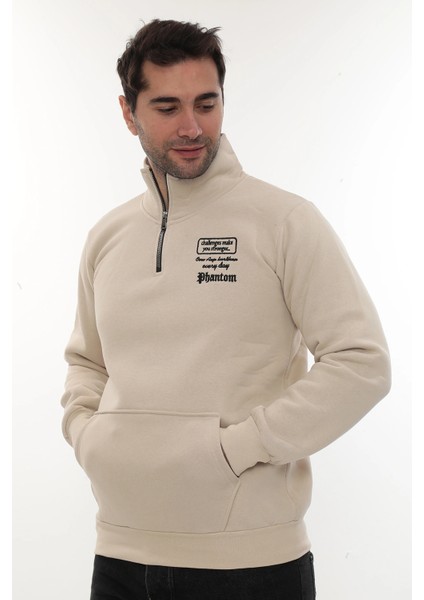 Erkek Bej Standart Fit Normal Kesim Içi Polarlı Yarım Fermuarlı Dik Bato Yaka Pamuklu Sweatshirt fırsatları