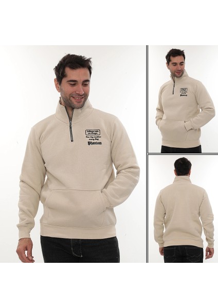 Erkek Bej Standart Fit Normal Kesim Içi Polarlı Yarım Fermuarlı Dik Bato Yaka Pamuklu Sweatshirt indirimleri