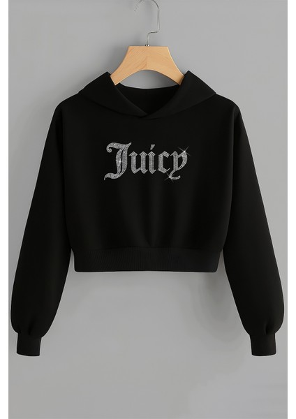 Kadın Relaxed Fit Juicy Kristal Taş Baskılı Crop Top Hoodie Kalın Sweatshirt Siyah