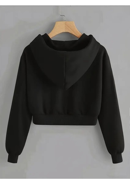 Kadın Relaxed Fit Juicy Kristal Taş Baskılı Crop Top Hoodie Kalın Sweatshirt Siyah fiyatları