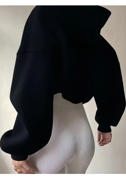 Kadın Relaxed Fit Juicy Kristal Taş Baskılı Crop Top Hoodie Kalın Sweatshirt Siyah modelleri