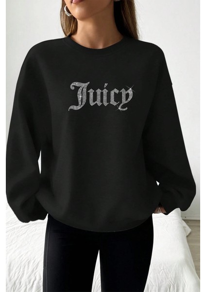 Bisiklet Yaka Juicy Kristal Taş Baskılı Basic Hoodie 3 Iplik Kalın Sweatshirt