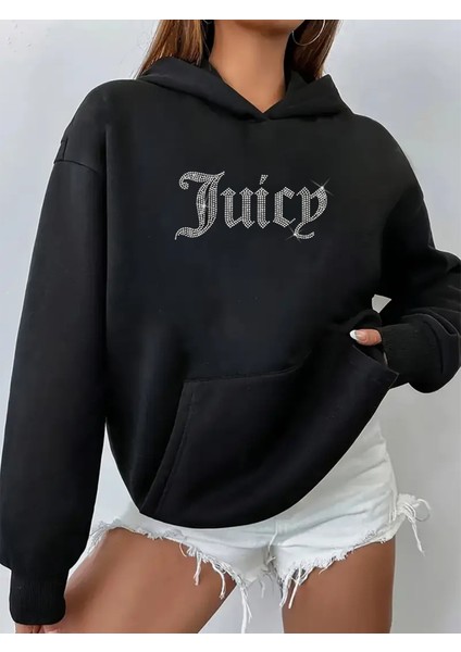 Kadın Oversize Juicy Kristal Taş Baskılı Hoodie Sweatshirt