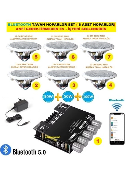 Bluetooth Tavan Hoparlör Seti (1 Adet Anfi + 6 Adet 13 cm Tavan Hoparlör)