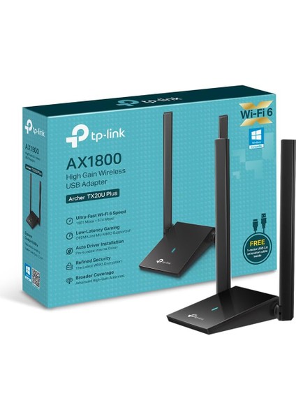 Archer TX20U Plus, AX1800 Mbps Çift Antenli Yüksek Kazanımlı Kablosuz USB Adaptör, 1 Metre USB 3.0 Kablosu, Beamforming, Mu-Mımo, Düşük Gecikmeli Oyun Deneyimi, Wpa3, Kolay Kurulum