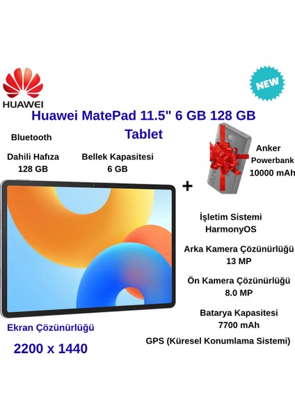Matepad 11.5" 6 GB 128 GB Tablet+Anker Powerbank 10000MAH Hediye