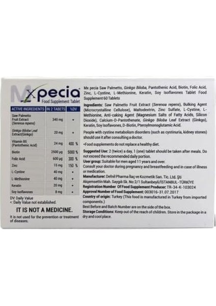 Xpecia Men Original-Vitaminler Biotin Saw Palmetto Saç Dökülmesi Engelleyici Dht Saç Büyümesi, 1 x 60 Adet