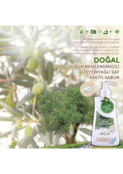 INCIA%100 Doğal Sıvı Kastil Sabunu Yoğun Nemlendirici Zeytinyağlı 10 Bitkisel Değerli Yağ Vegan 250 ml