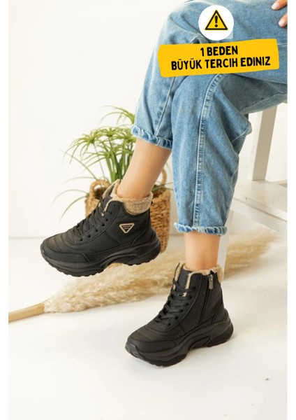 Abra Süper Hafif Ortopedik Yün Astarlı Kadın Spor Bot - Siyah Bej