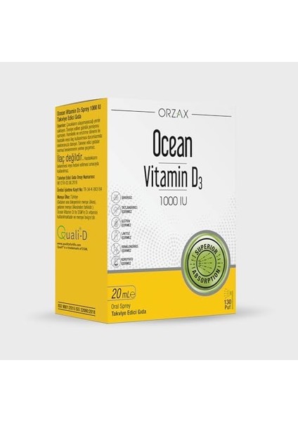 Ocean Vitamin D3 1000 Iu 20 ml Sprey 130 Puff, Takviye Edici Gıda fiyatları