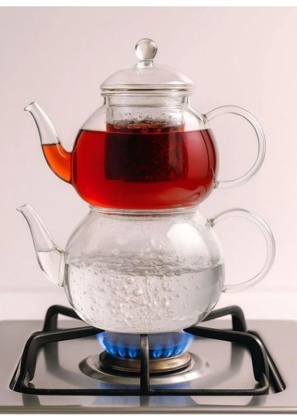 Elegan 600+1000ML Cam Süzgeçli Borosilikat Cam Demlik Isıya Dayanıklı Cam Kapaklı Çaydanlık