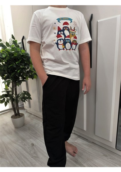 Yılbaşı Temalı Sevimli Hayvan Baskılı Pamuklu Unisex Çocuk Kısa Kollu Eşofman Takımı fiyatları